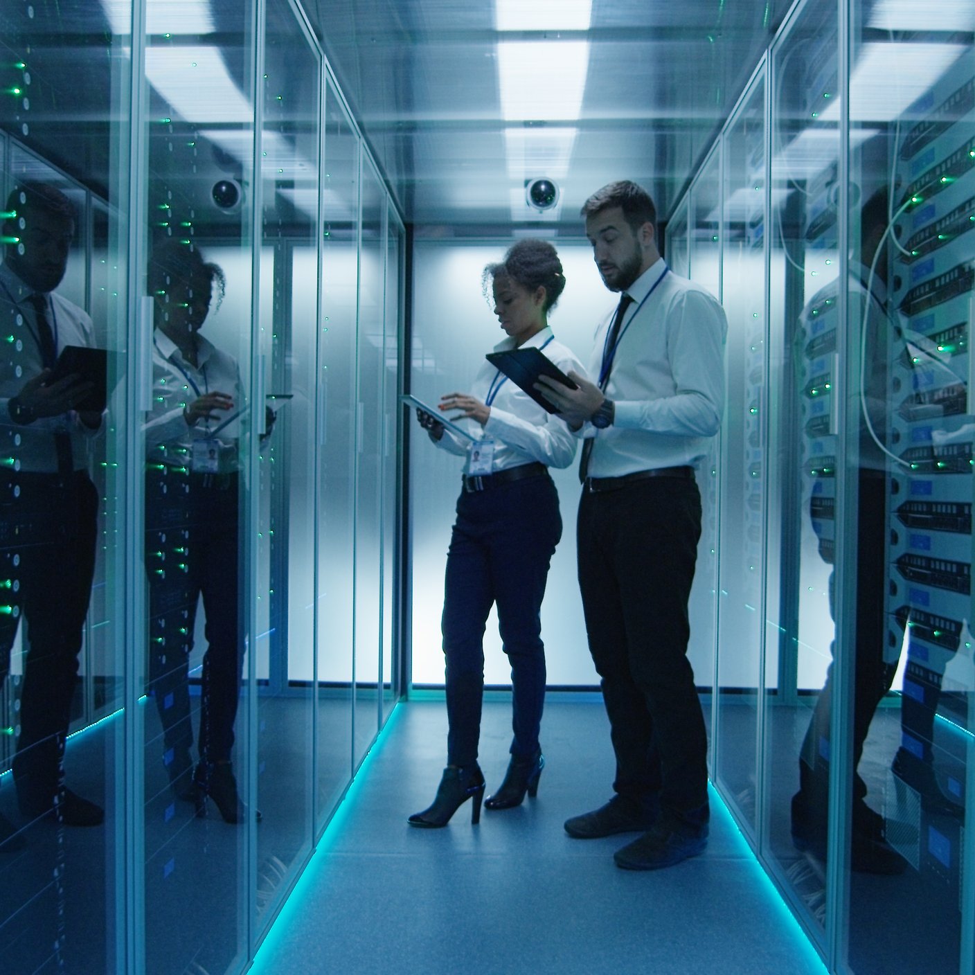 data center in server room with server racks