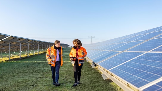 Ingenieros hombres y mujeres trabajando en una planta de energía solar.